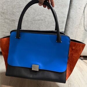 Celine Blue Black and Orange Suede Winged Tote
